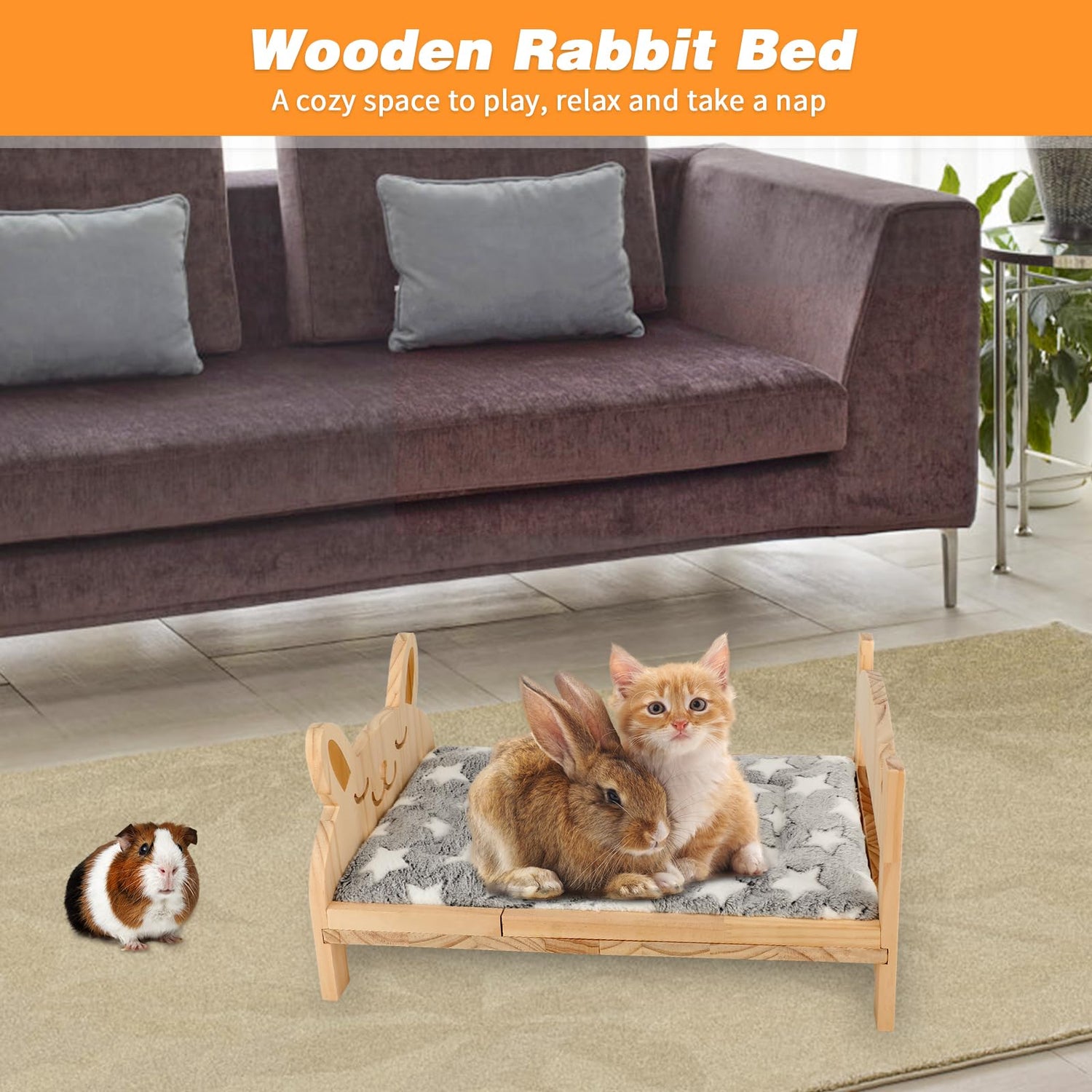 Midollarle Rabbit Bed with Soft Mat, Detachable Small Animal Bed, Wood Rabbit Habitat for Small Pets to Have a Cozy nest (Guinea Pig Hamster Ferrets Midollarle