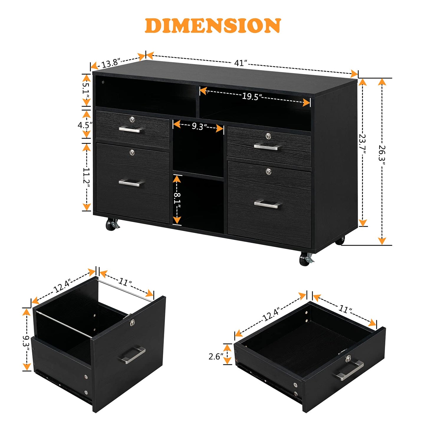 VINGLI Wood Mobile File Cabinet with 4 Drawers and Shelves, Printer Stand with Open Storage, Locking Lateral Filing Cabinet for Home Office, Black - WoodArtSupply