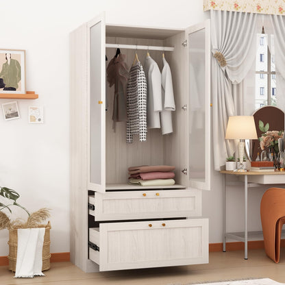 Homsee 31.5”L Armoire Wardrobe Closet with Frosted Glass Doors, Hanging Bar & 2 Drawers, Warm Grey Wooden Closet Storage Cabinet for Bedroom - WoodArtSupply