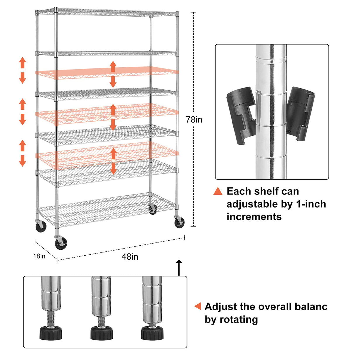 YYkokocat Heavy Duty 6 Tier Shelving Unit Adjustable 6000Lbs Capacity Steel Storage Rack 18" x 48 x 76 Mobile Shelves Wire Shelf Silver Rolling YYkokocat