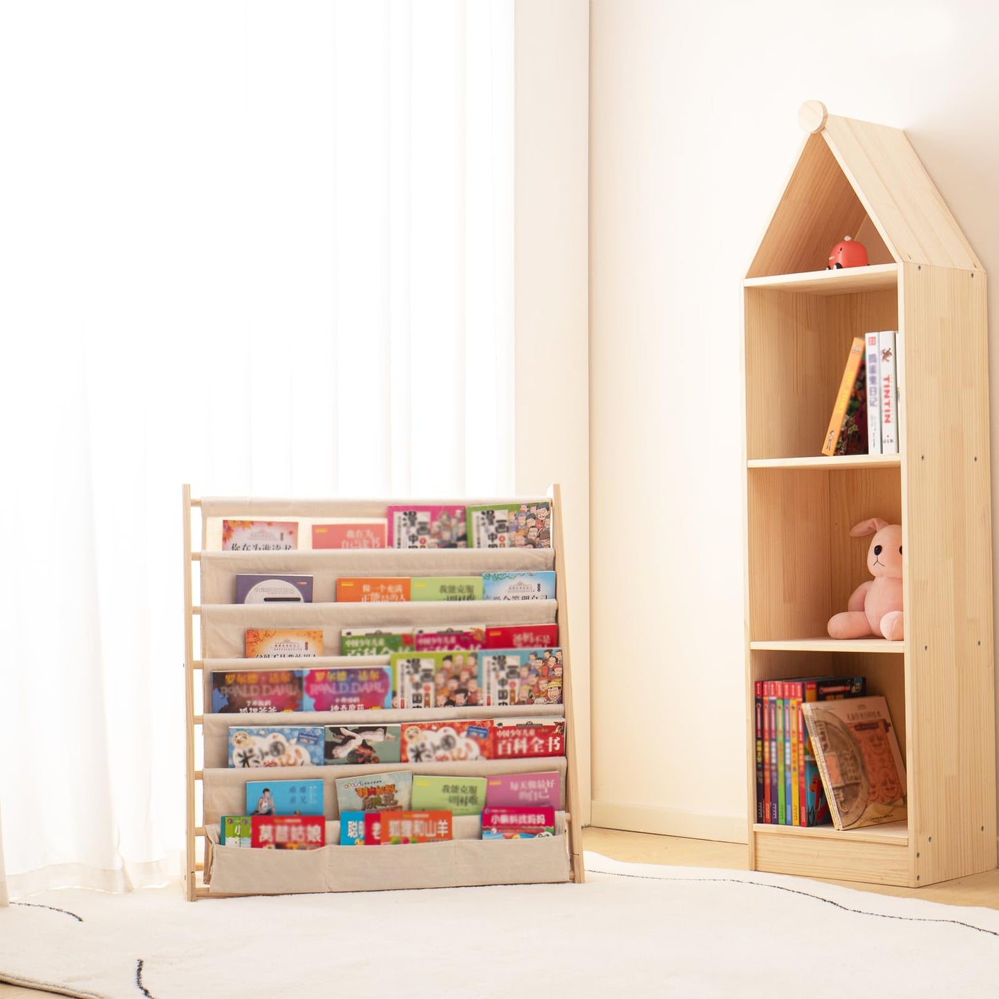 Wooden Bookshelf for Kids Wood Bookrack Canvas Book Storage Shelf Display Bookshelf 6 Tier Kids Book Rack for Bedroom Living Room Playroom Storage