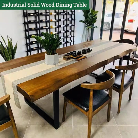 HM&DX Industrial Solid Wood Dining Table,Rectangle Kitchen Table Farmhouse Live Edge Dining Table,Wooden Table Top & Metal Base,Long Dining Room HM&DX