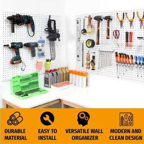 HUHOLE White Pegboard Organizer, Metal Pegboard Panels, 32-inch X 32-inch Metal Peg Board for Garage Tool Organization, 4PC HUHOLE