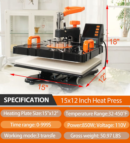 Whubefy Heat Press Machine 12"X15", 8 in 1 Heat Transfer Sublimation Machine Combo, Industrial 360° Swing Away T Shirt Pressing Machine, HTV Vinyl - WoodArtSupply