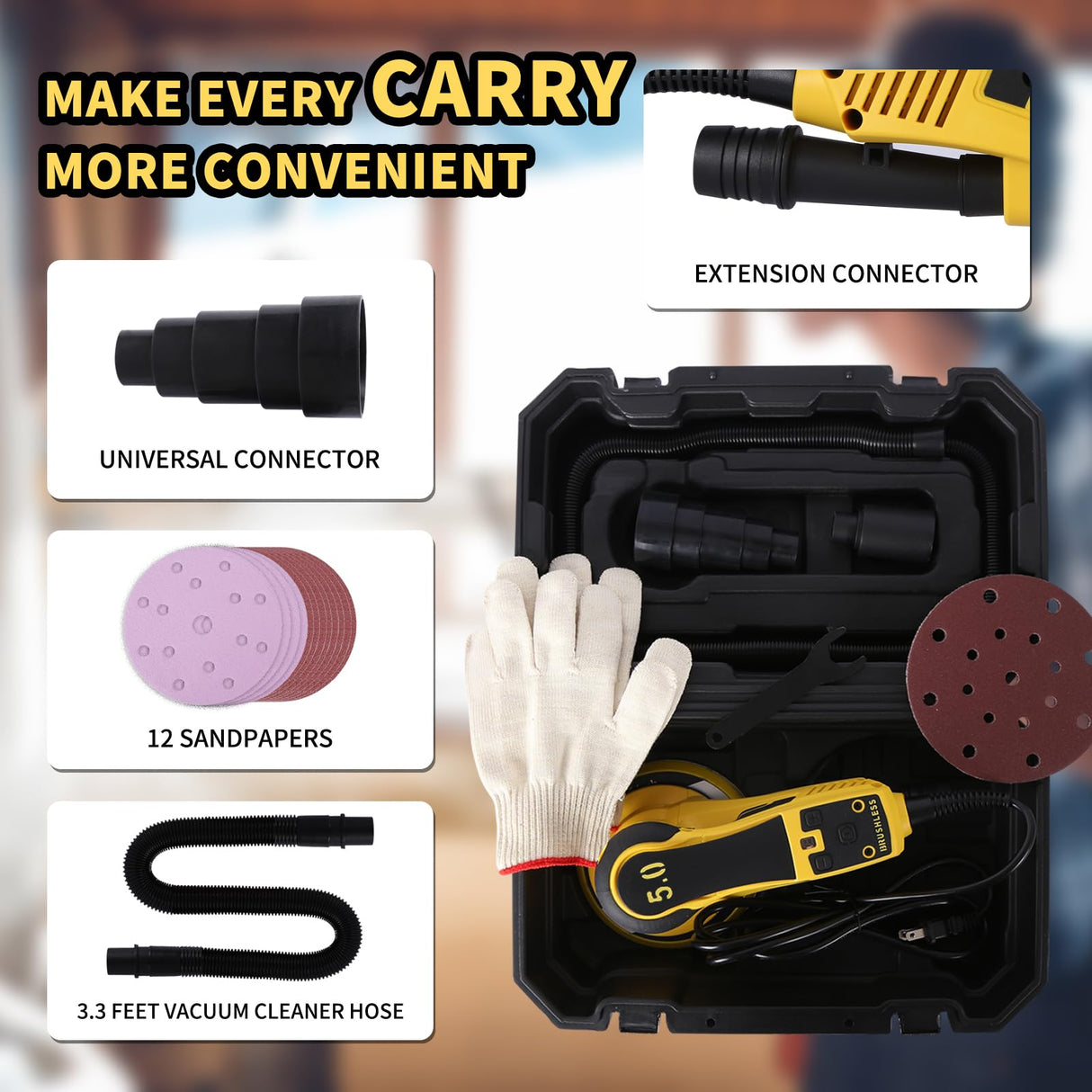 Electric Random Orbital Sander 350W Brushless Motor 3/16 inch Orbit, 110V 6-Inch 10000 RPM Variable Speed Tool for Metal Fabrication, Woodworking Hueborly