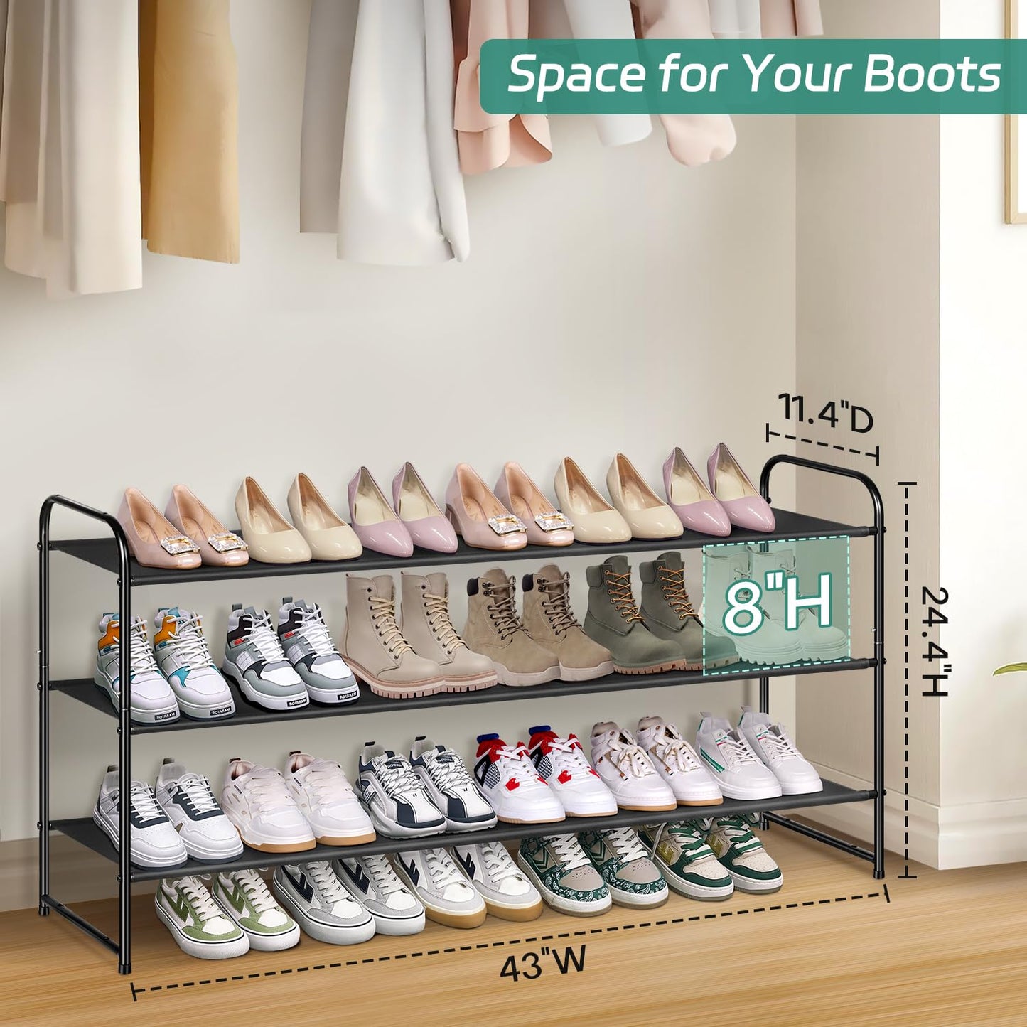 AOODA Long 3 Tier Shoe Rack for Closet Entryway, Stackable Wide Shoe Storage Organizer Holds 24 Pairs Shoe Rack Shelf for Bedroom, Floor, Garage,