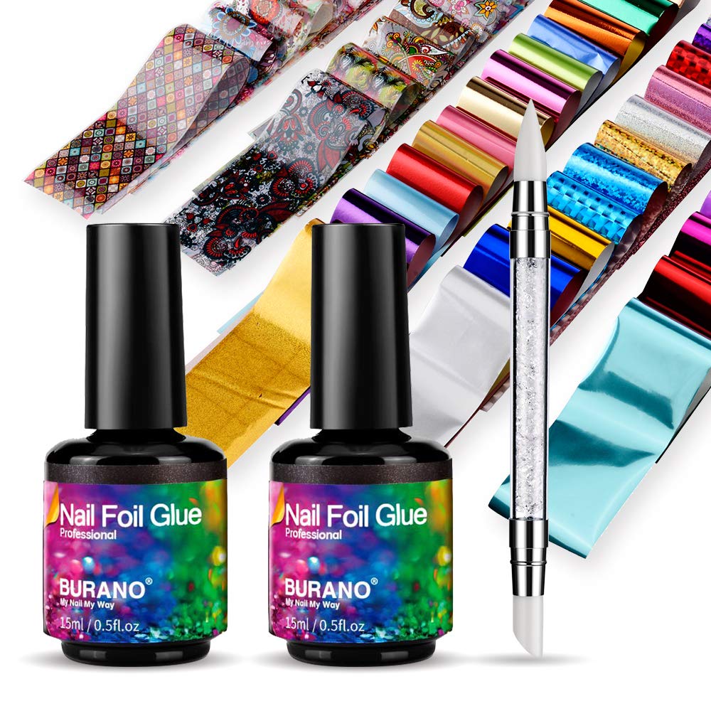 BURANO Nail Art Foil Glue Gel, 15ML 2 Bottles with 60PCS Foils Sticker, Nails Designer Adhesive Transfer Art UV LED Lamp Required