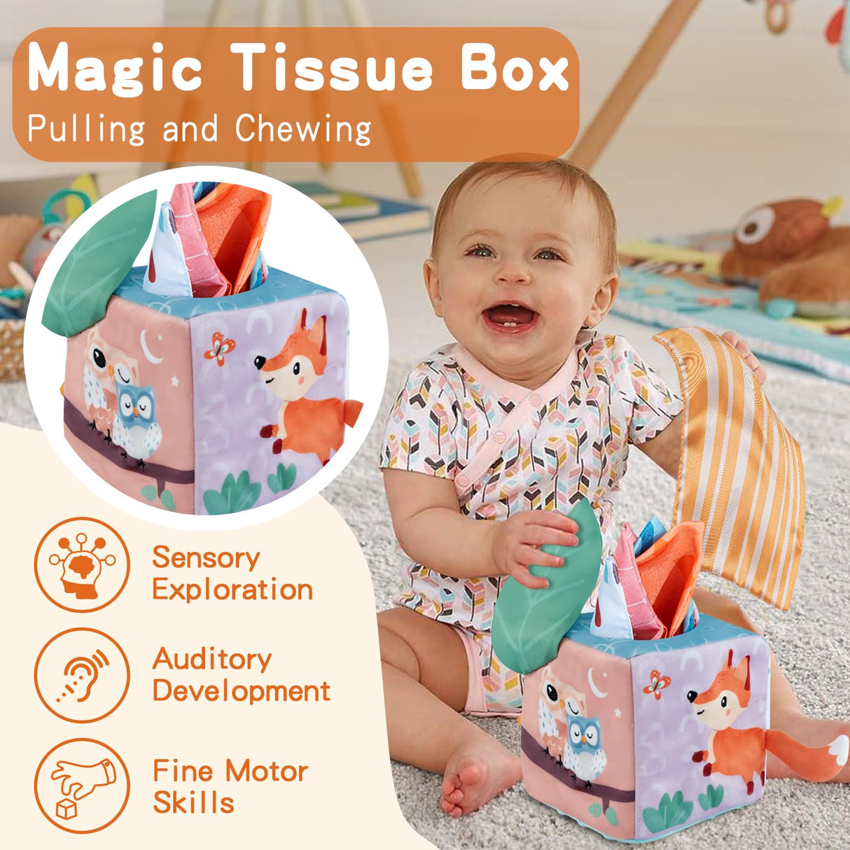Twefex Montessori Toys for Babies 6-12 Months - 3 in 1 Baby Toys Play Kit - Medium Spinning Drum - Baby Tissue Box Toy - Peekaboo Knob Puzzle with Twefex