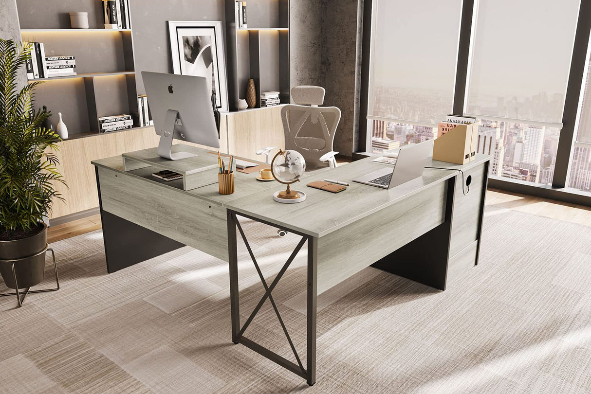 Bestier Lift Top L Shaped Desk with File Drawer, 55'' x 55'' Office Desk with Reversible Storage Drawers, L Shaped Standing Desk with Computer Bestier