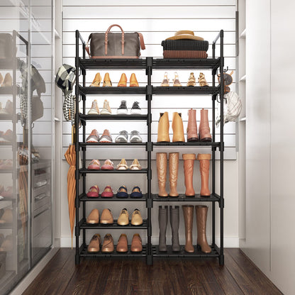 ROJASOP Shoe Rack Organizer, 8-Tier Metal Shoe Rack for Closet Entryway Garage, 26-32 Pairs Tall Shoe Boot Storage Shelf with 15 Hooks, Stackable