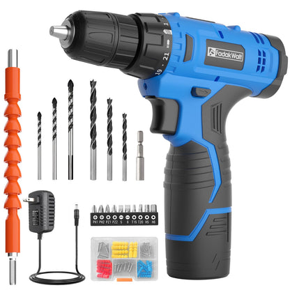 FADAKWALT Cordless Drill/Driver Set,12V 3/8" Electric Power Drill Kit with 1.3AH Battery & Charger,21+1 Torque Setting,180 inch-lbs, Accessories for