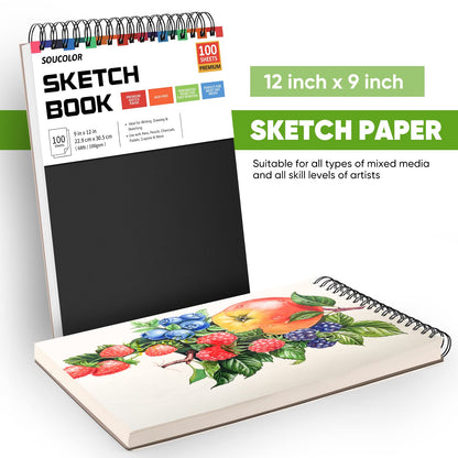 Soucolor 9" x 12" Sketch Book, 1-Pack 100 Sheets Spiral Bound Art Sketchbook, Acid Free (68lb/100gsm) Artist Drawing Book Paper Painting Sketching - WoodArtSupply