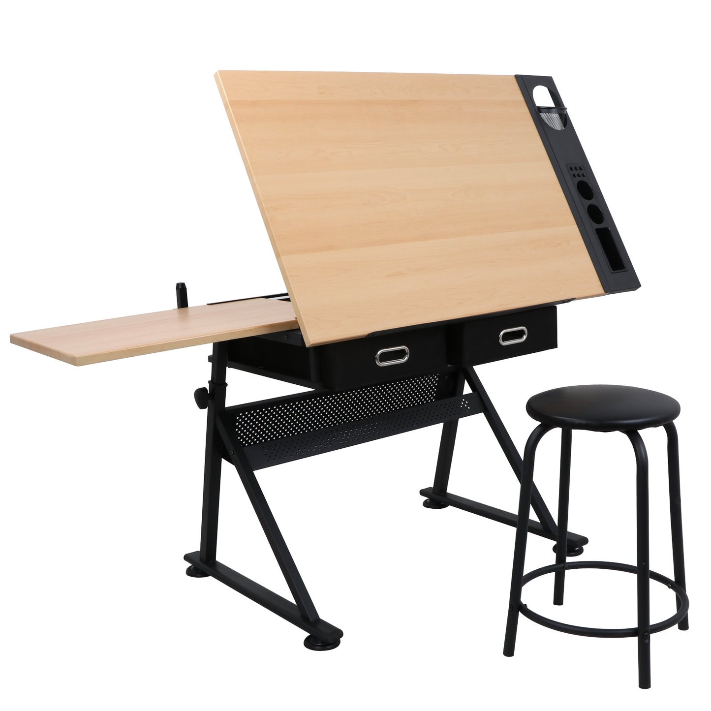 BBBuy Drafting Table Desk Art&Craft Work Station Drawing Desk Height Adjustable Tilting Tabletop Craft Table w/Stool and 2 Storage Drawers for Home