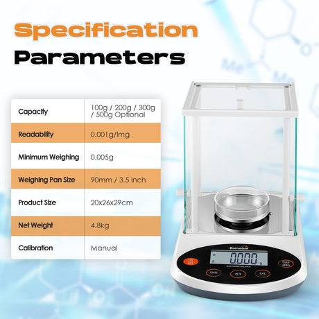 Bonvoisin Analytical Balance 300gx1mg Precision Lab Scale Digital Electronic Scale 1mg Laboratory Analytical Scale LCD Display Scientific Scale with Bonvoisin
