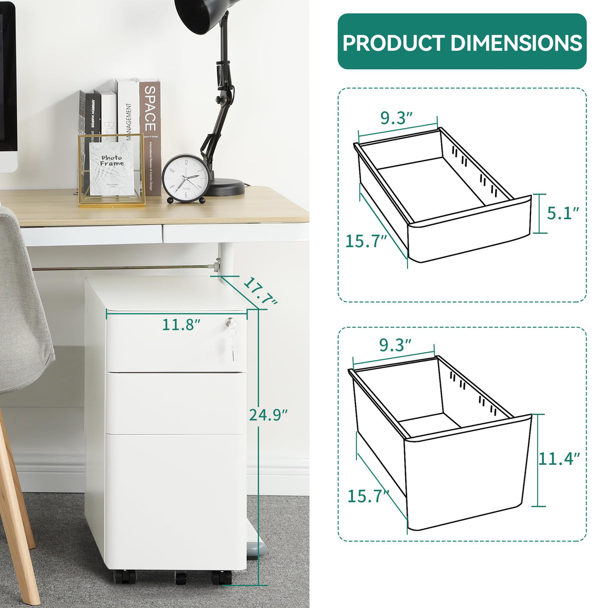YITAHOME 3-Drawer Metal Filing Drawers with Keys, Compact Slim Portable File Pre-Built Office Storage Cabinet for A4/Letter/Legal (White) YITAHOME