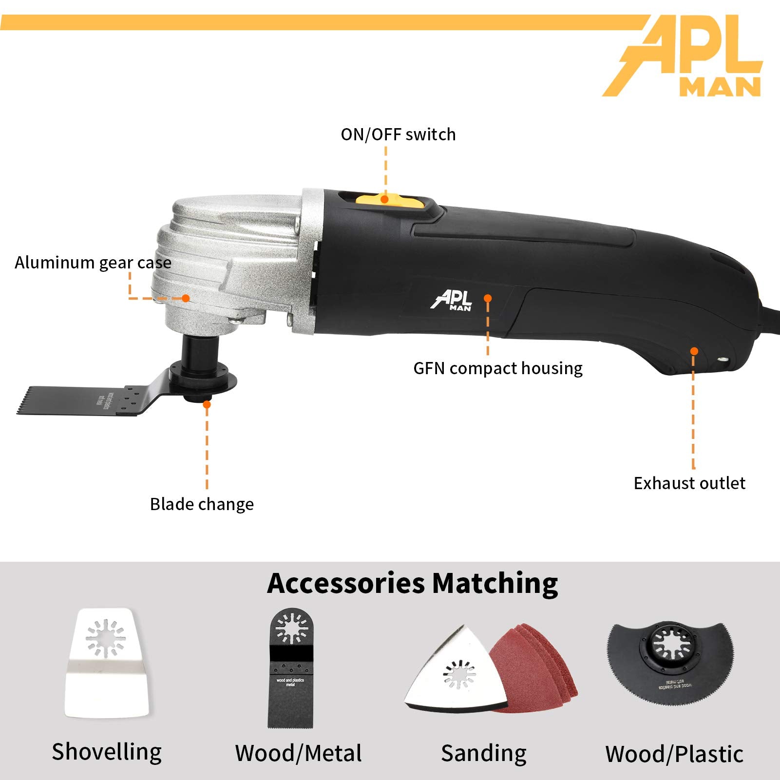 APLMAN Multi Purpose Oscillating Tool, 1.6-Amp Oscillating Multi Tool with 3.2°Oscillation Angle, Single Speed and 8 Pcs Accessories，Carrying Box - WoodArtSupply