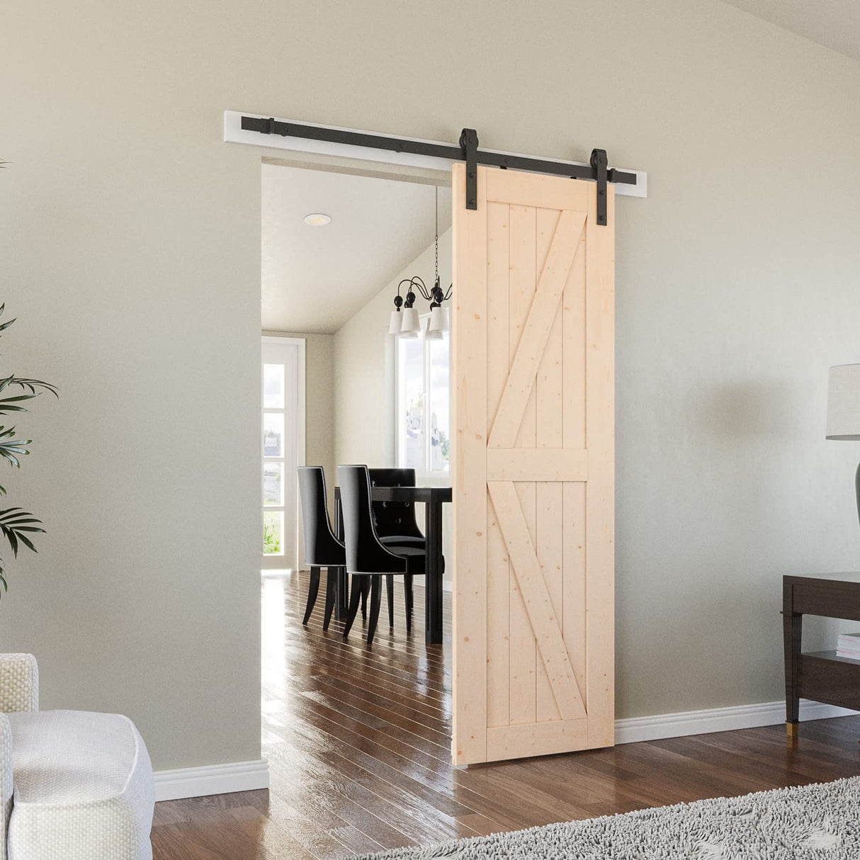 SmartStandard 26in x 84in Sliding Barn Wood Door Pre-Drilled Ready to Assemble, DIY Unfinished Solid Spruce Wood Panelled Slab, Interior Single Door SMARTSTANDARD