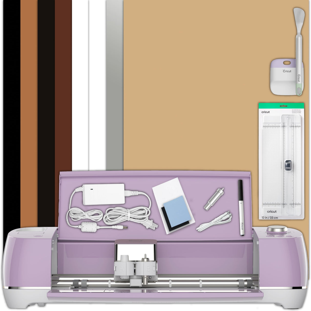 Cricut Explore Air 2 with Everyday Iron-On Samplers, Vinyl Rolls, Essential Tool Set and Portable Trimmer Bundle - Neutral Cutting Machine Materials Cricut