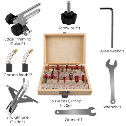 Compact Wood Router Tool 110V Electric Hand Woodworking Trimmer Palm Router kit with Gloves 15 PCS Router Bits (800W) - WoodArtSupply