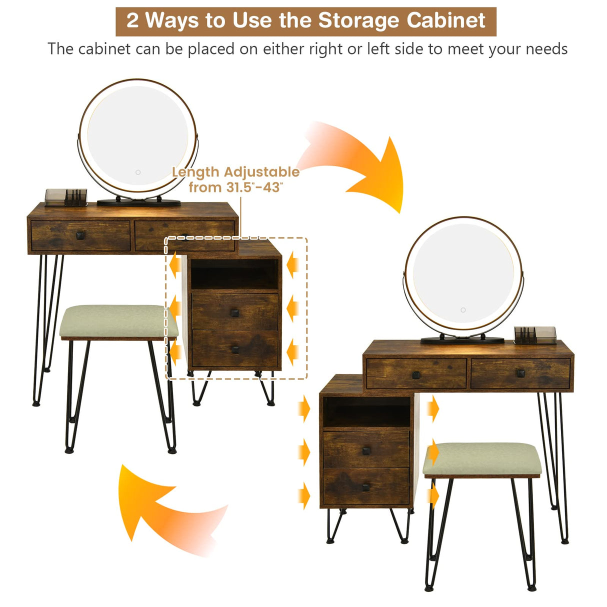 CHARMAID Vanity Set with 3 Colors Lighted Mirror, Left or Right Side Cabinet, 2 Large Drawers, Lipstick Storage Box, Bedroom Makeup Vanity Dressing CHARMAID