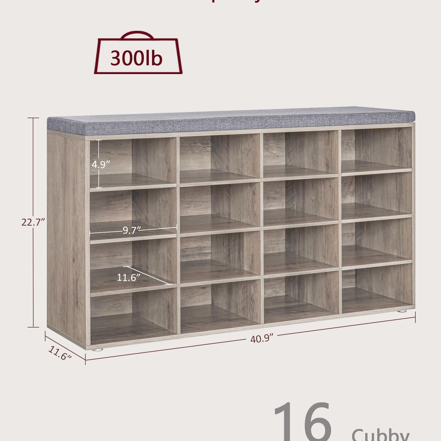 DINZI LVJ Shoe Storage Bench with Cushion, 16-Cubby Shoe Rack, Adjustable Shelves, Multifunctional Shoe Organizer Bench for Entryway, Mudroom, DINZI LVJ