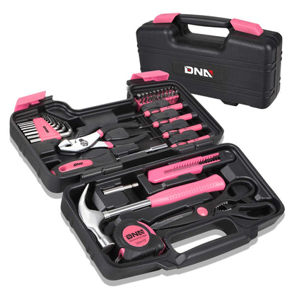 DNA MOTORING 39-Piece Household Tool Set General Repair Small Hand Tool Kit Storage Case for Home Garage Office College Dormitory Use, Pink,