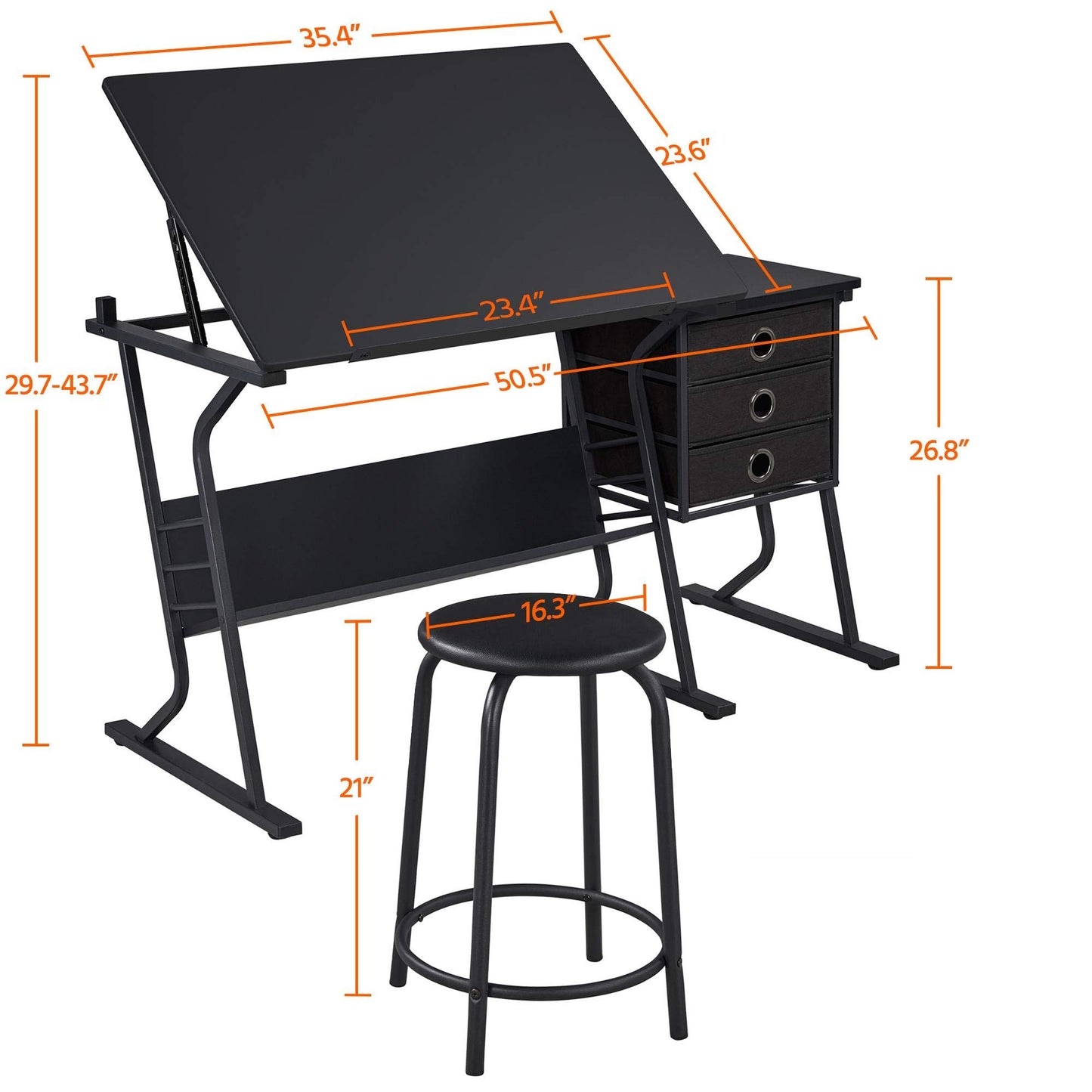 Topeakmart Height Adjustable Drafting Table Art Craft Desk Work Station Hobby Design Studio Tiltable Tabletop Drawing Desk with Stool & Storage