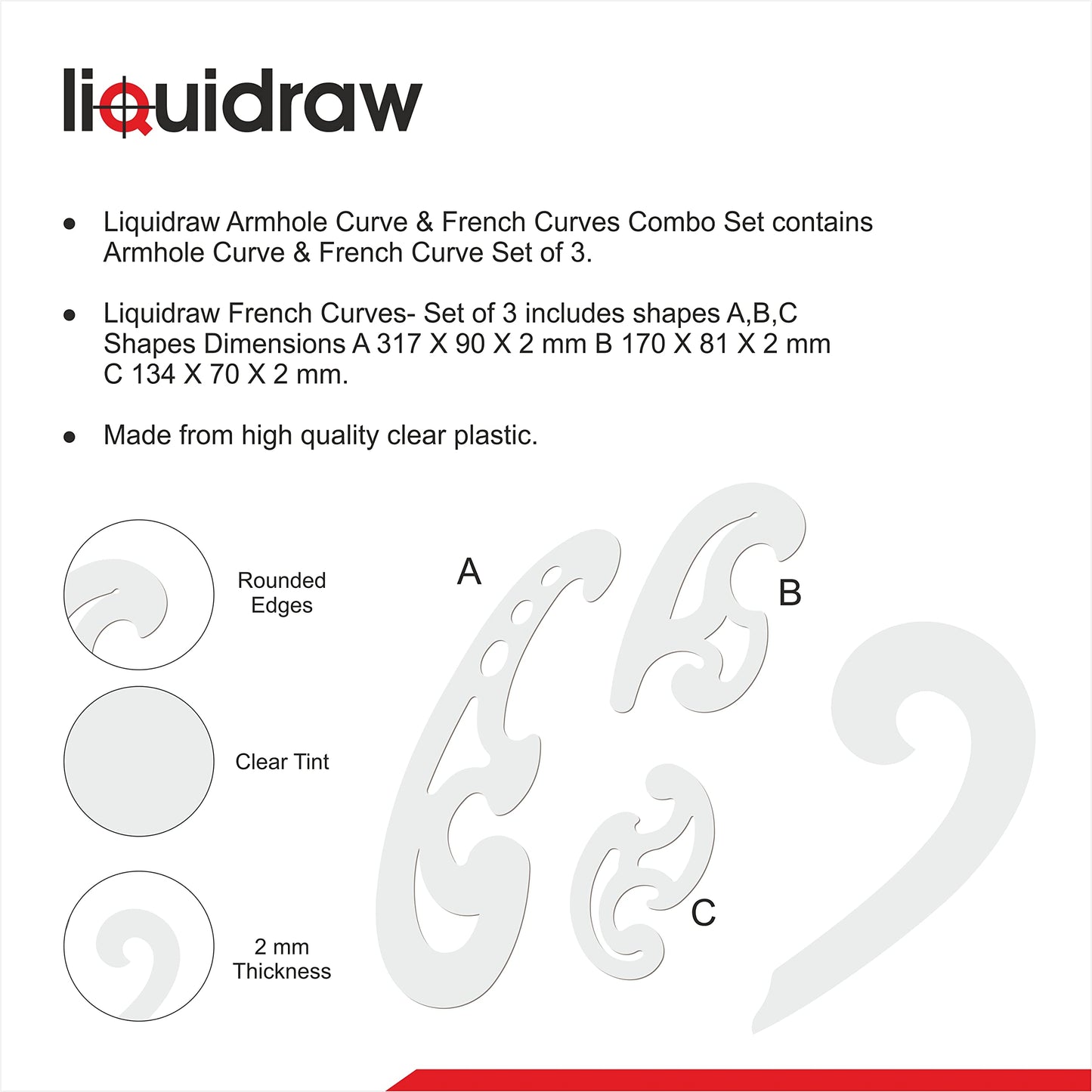 Liquidraw French Curve Set of 4 Rulers Clear Technical Drawing Stencil Templates French Curves Armhole Curve Ruler - WoodArtSupply