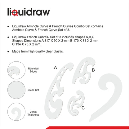 Liquidraw French Curve Set of 4 Rulers Clear Technical Drawing Stencil Templates French Curves Armhole Curve Ruler - WoodArtSupply