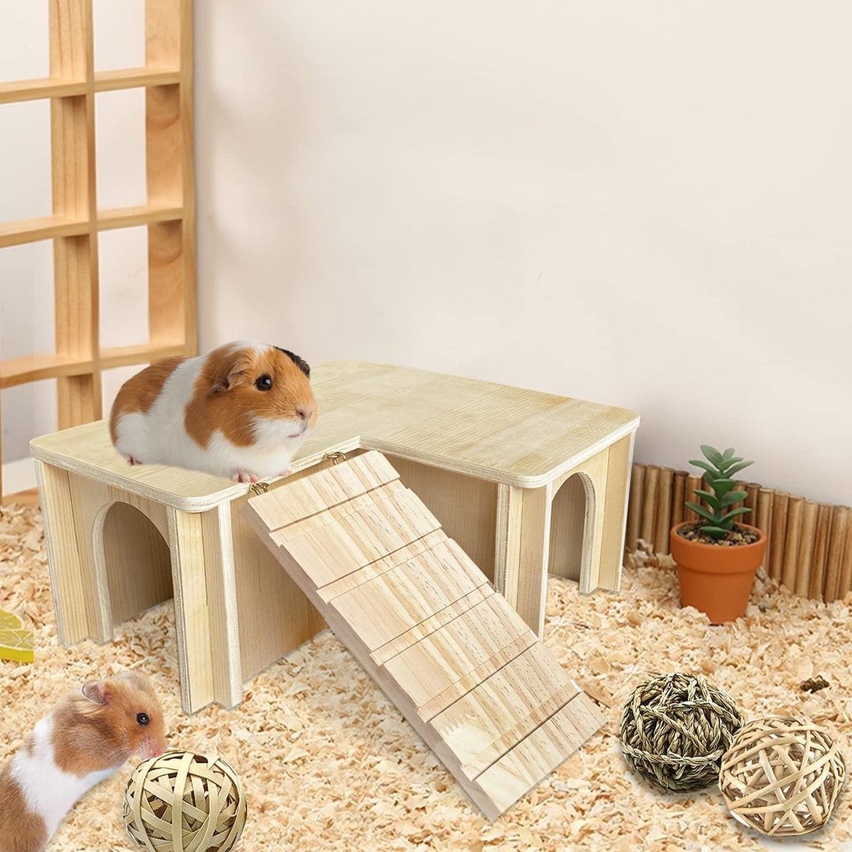 Chngeary Guinea Pig Hideout and House: Multi Chamber Wooden Guinea Pig Castle with Ladder, Cage Accessories for Chinchilla Dwarf Rabbits Hamster Chngeary