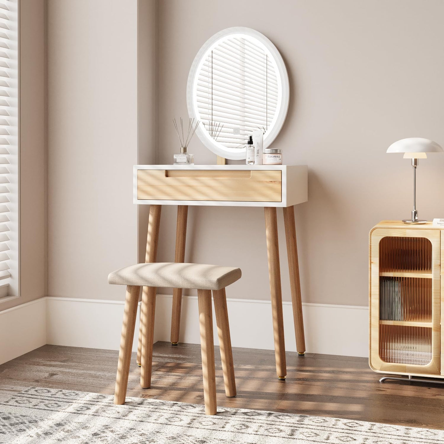 ARTETHYS Small Makeup Vanity Desk with 3 Adjustable Lighted Mirror and Chair, 24 Inch Makeup Vanity Table with Big Drawer Wooden Frame for Small ARTETHYS