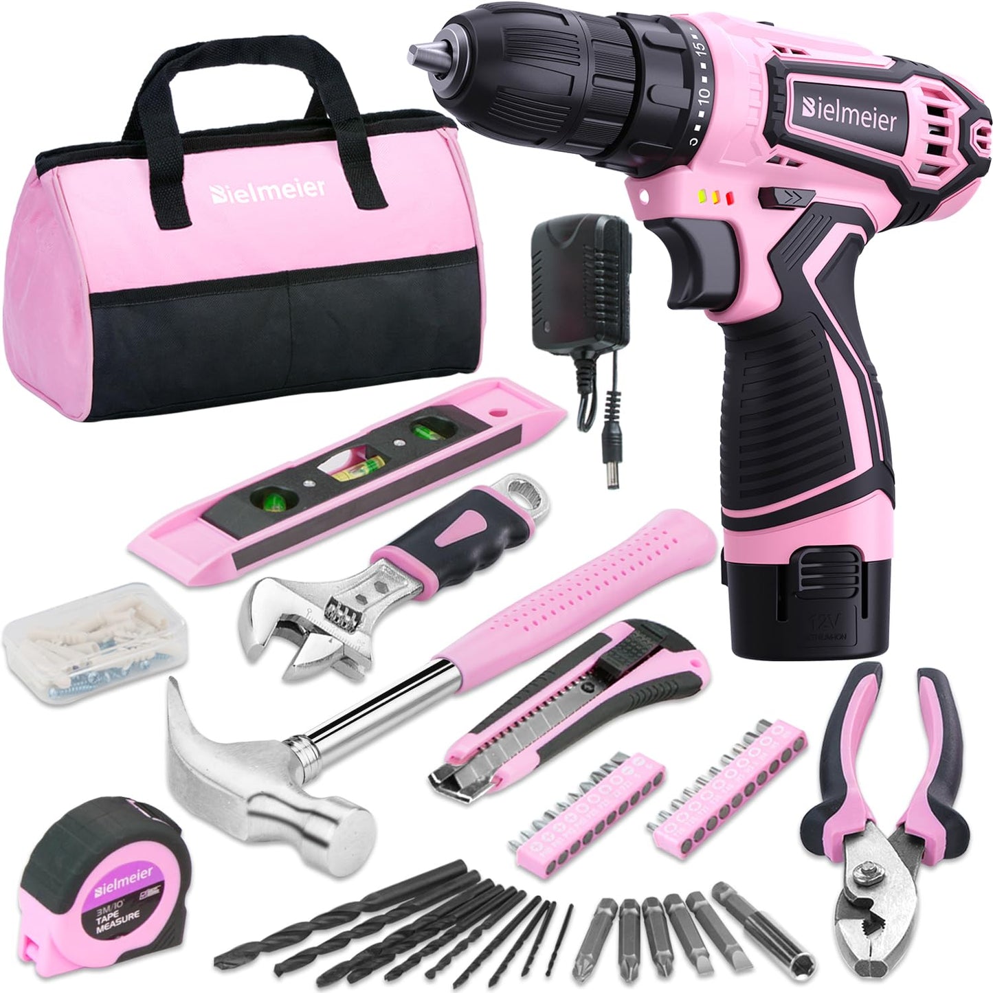 Bielmeier 12V Pink Cordless Drill Set - Essential Women's power drill tool set for Home Projects - Complete Ladies Tool Set with Stylish Pink - WoodArtSupply