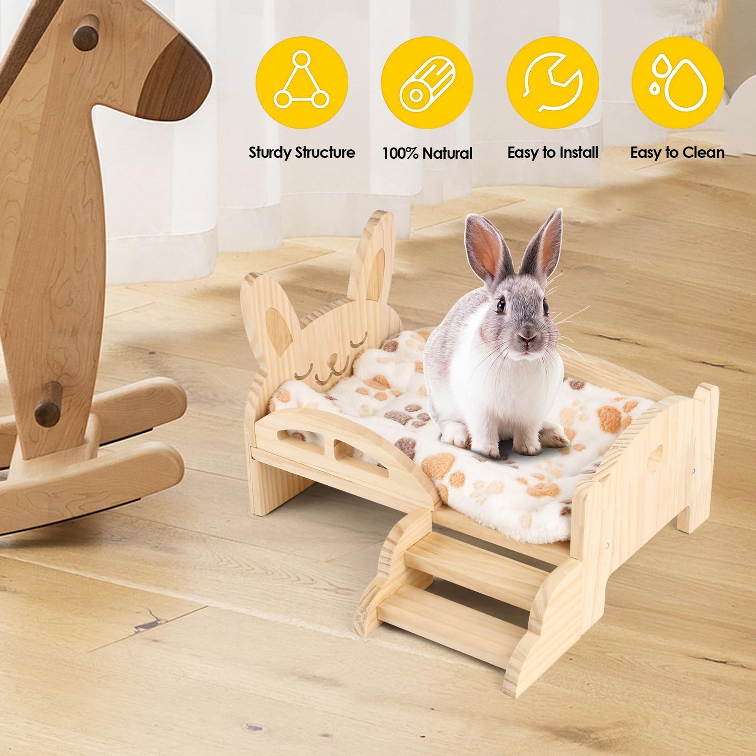 HOSUKKO Wooden Guinea Pig Bed with Mat 13.5IN X 9.3IN Guinea Pig Bunny Detachable Hideout with Stairs Small Animal Cute Warm Habitats for Hamsters HOSUKKO