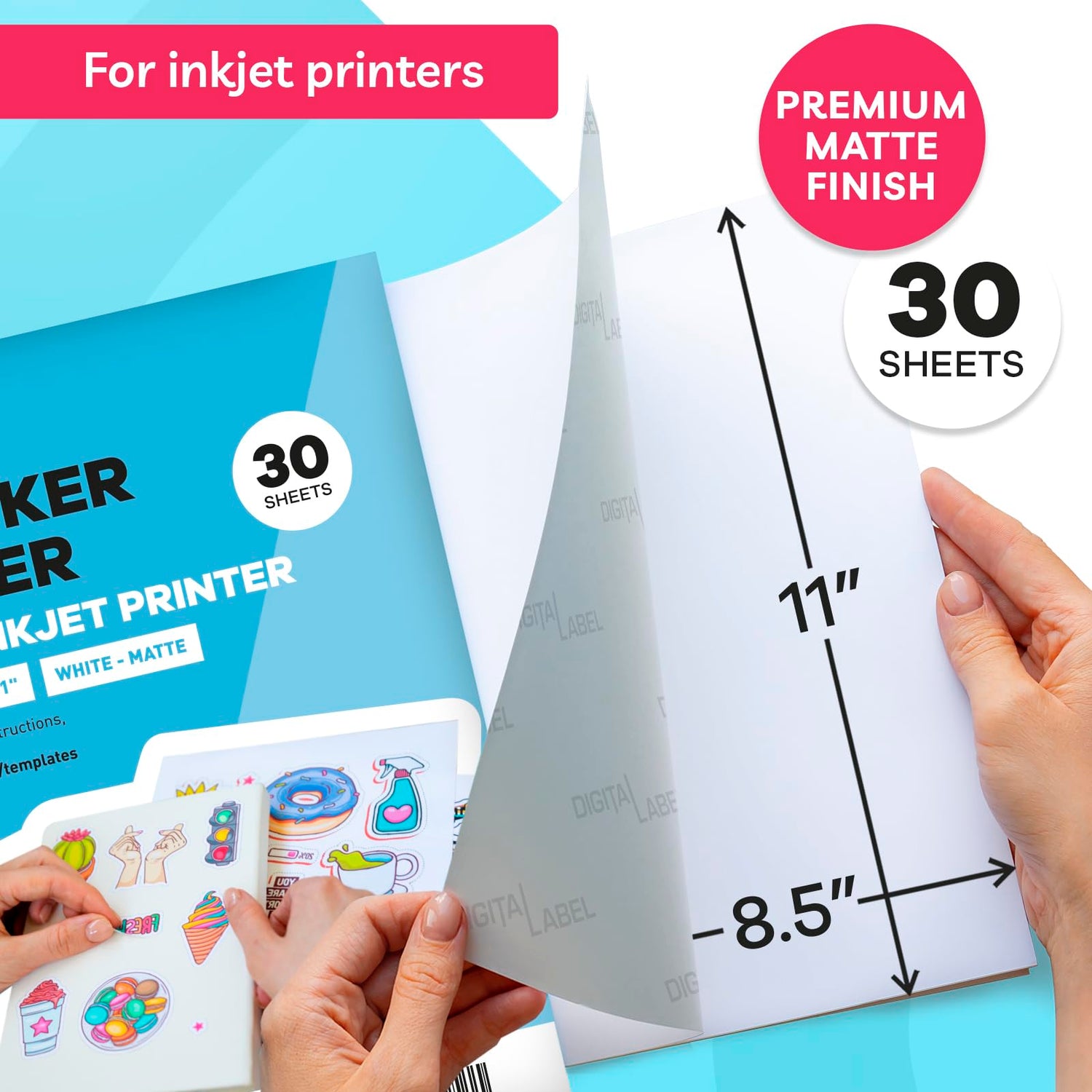 Sticker Paper for Inkjet Printer - Printable Vinyl Sticker Paper - Sticker Paper - (30 Sheets, 8.5 x 11", Matte White) - Sticker Printer Paper - Paper Plan