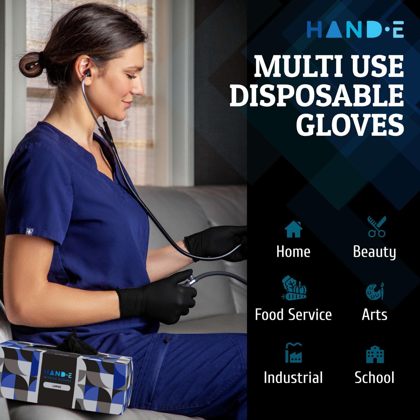 Hand-E Touch Black Nitrile Disposable Gloves Medium, 100 Count - BBQ, Tattoo, Hair Dye, Cooking, Mechanic Gloves - Powder and Latex Free Gloves - WoodArtSupply