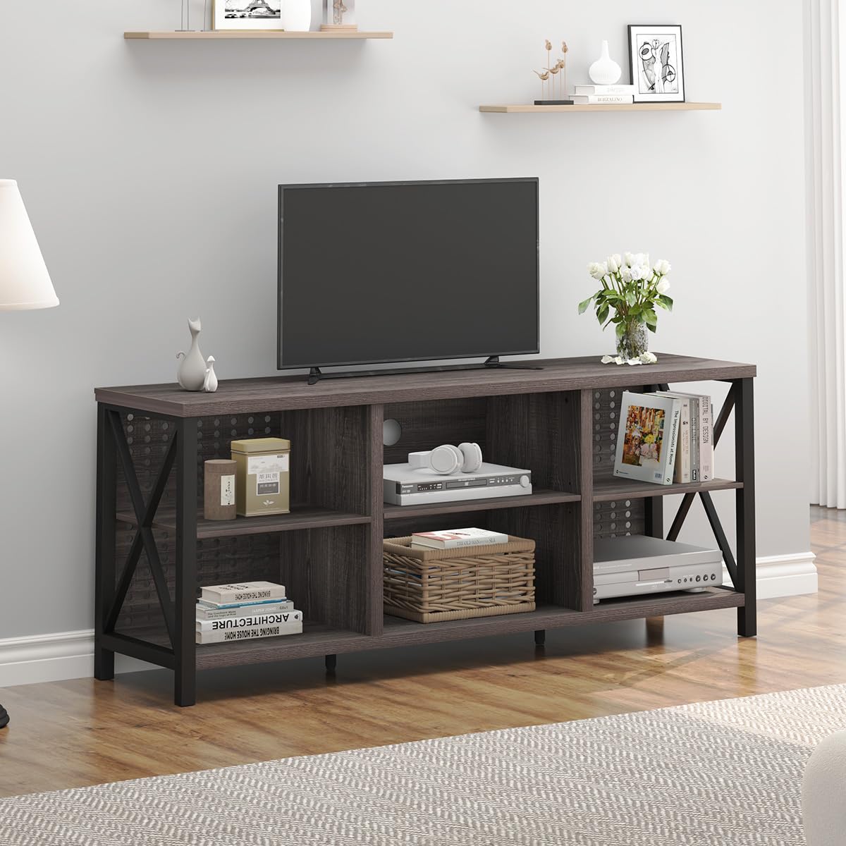 LVB TV Stand for 70 Inch TV, Rustic Industrial Entertainment Center, Large Television Stands for Living Bedroom, Long Wood Metal TV Table Stand with