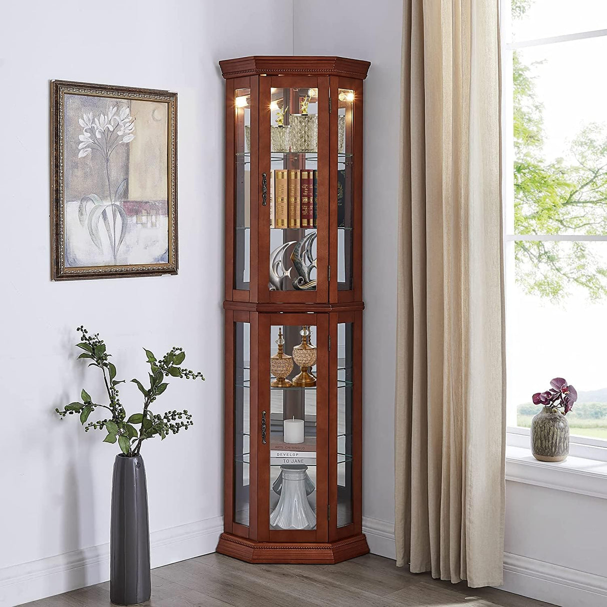 HomVent Corner Curio Cabinet with Lights, Glass Display Cabinet Display Case Storage Showcase w/Adjustable Shelves, Mirrored Back Panel ＆ Tempered HomVent