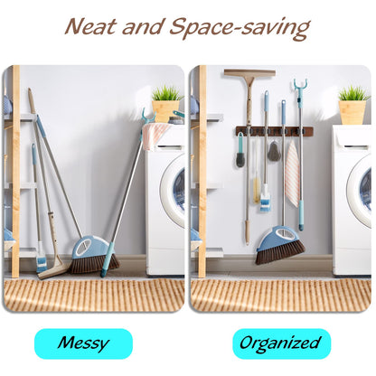 OUTNILI 2 Pack Mop Broom Holder Wall Mount - Rustic Wood Broom Mop Hanger - Wall Mounted Garden Tool Rack Organizer for Closet Garage Laundry Room - WoodArtSupply