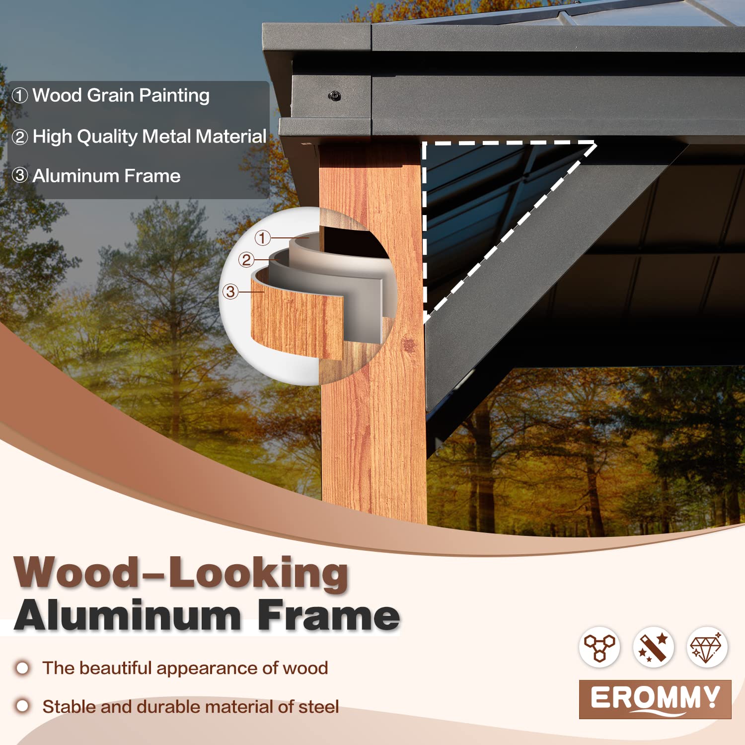 EROMMY 12' x 20' Hardtop Gazebo, Wooden Grain Aluminum Frame Canopy with Galvanized Steel Roof, Outdoor Permanent Pavilion with Curtains and Nettings EROMMY