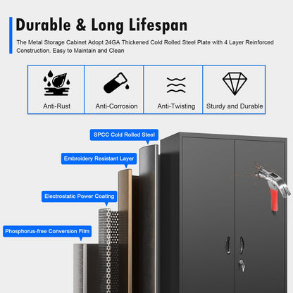 Metal Storage Cabinet with Lock, 71" Lokcing Cabinet with 2 Hooks, 2 Door Cabinet with 4 Adjustable Shelf, Heavy Duty Garage Cabinets and Storage - WoodArtSupply