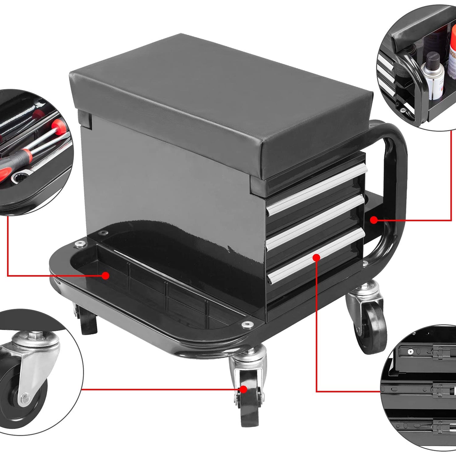 ROAD DAWG APD2016AD Torin Rolling Tool Chest/Tool Box with 3 Drawers and Wheels, Padded Mechanic Stool Creeper Seat, Black ROAD DAWG