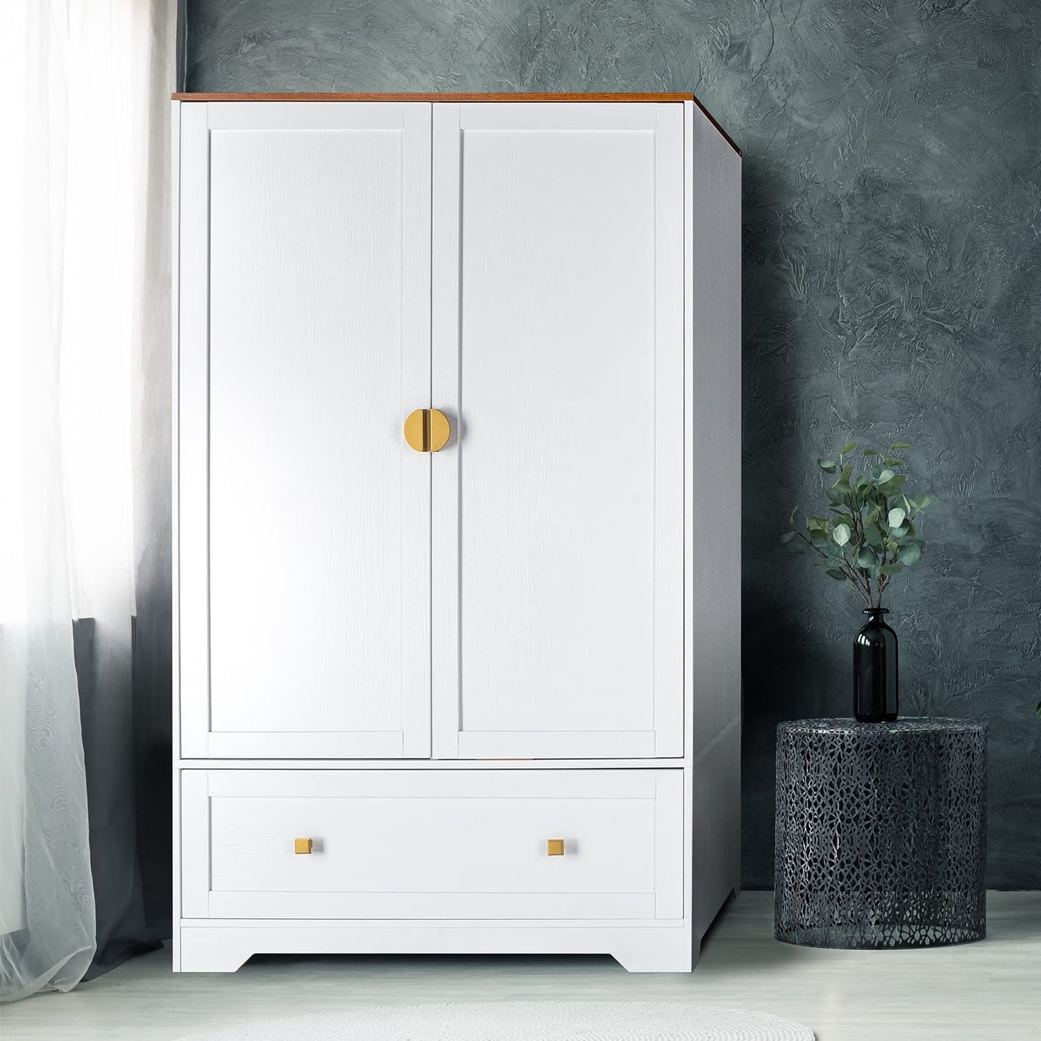 VINGLI Wide Wardrobe Closet, White Armoire Wardrobe with Hanging Rod, Shelves and Drawer, Freestanding Closet Wardrobe Cabinet, Armoires and VINGLI