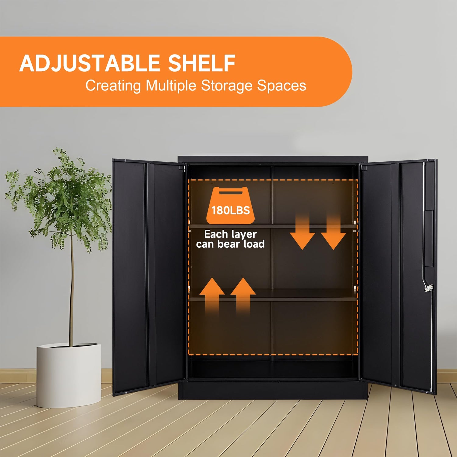 Coolsun Metal Storage Cabinet, Garage Storage Cabinet with Doors and 2 Adjustable Shelves, 36" Black File Cabinet, Locking Cabinet for Coolsun