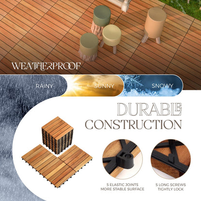 TimberWave Pack of 20 Deck Tiles, Solid Acacia Wood Floor Tiles, Patio Tiles Outdoor Interlocking Waterproof All Weather (12" x 12" - 6 Slat, Golden - WoodArtSupply