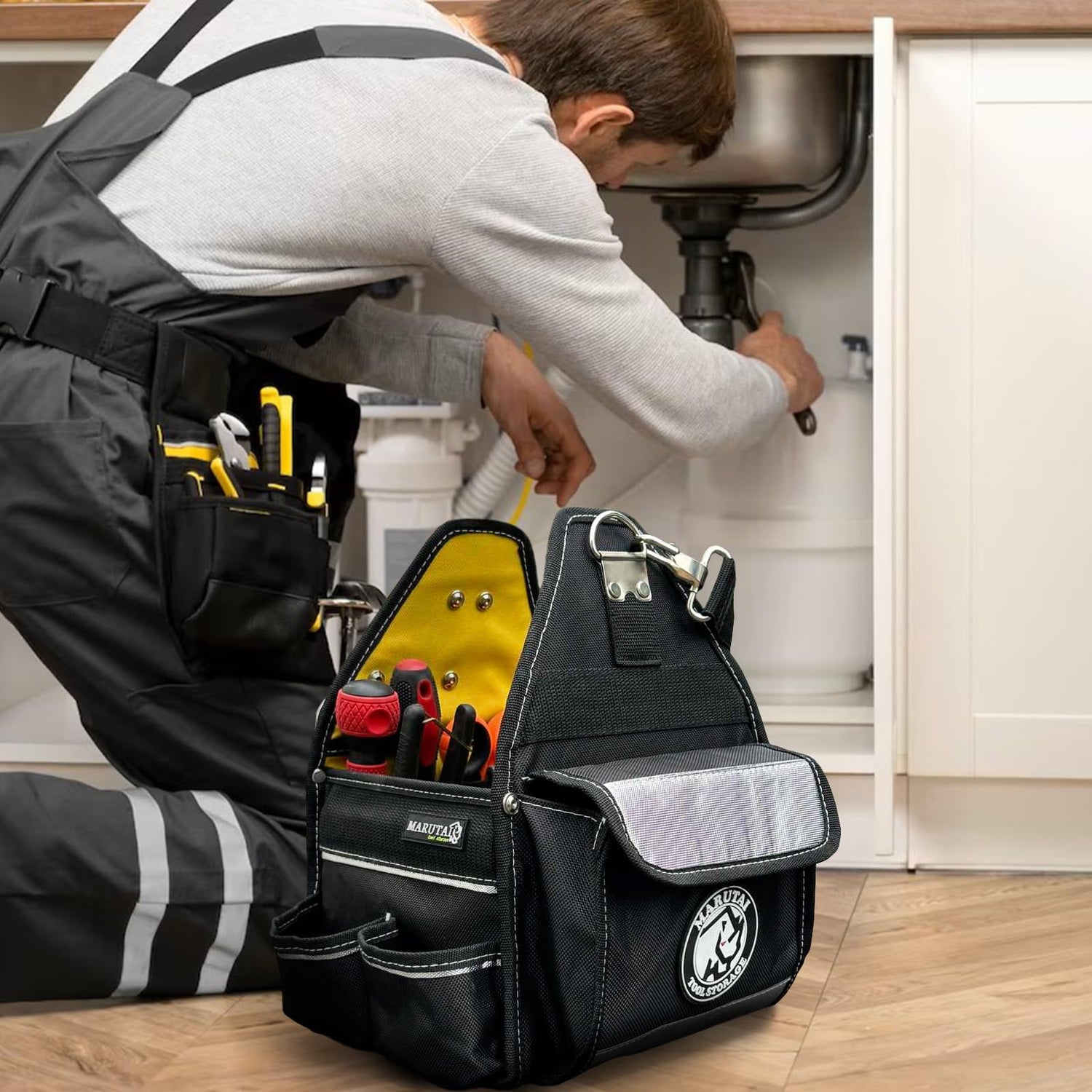 MARUTAI 12'' Tool Tote Bag, 44 Pockets Open Tool Bag, Tool Tote with Adjustable Straps and Waterproof Base, Tool Storage Bags for Men and Women MARUTAI TOOL STORAGE