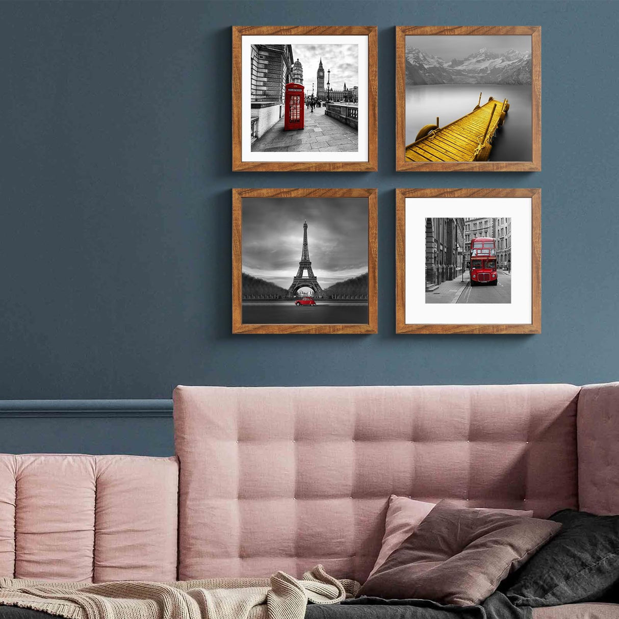 12x12 Picture Frames Solid Wood Display Pictures 10x10 or 8x8 with Mat or 12x12 without Mat - 12x12 Inch Square Photo Frames with 2 Mats for Wall or Tiblue