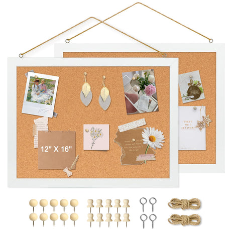 AMUSIGHT 2-Pack Double-Sided Cork Board, 16" x 12" Hanging Wood Framed Small Bulletin Board, Picture Display Vision Board Kit Corkboards for Wall AMUSIGHT