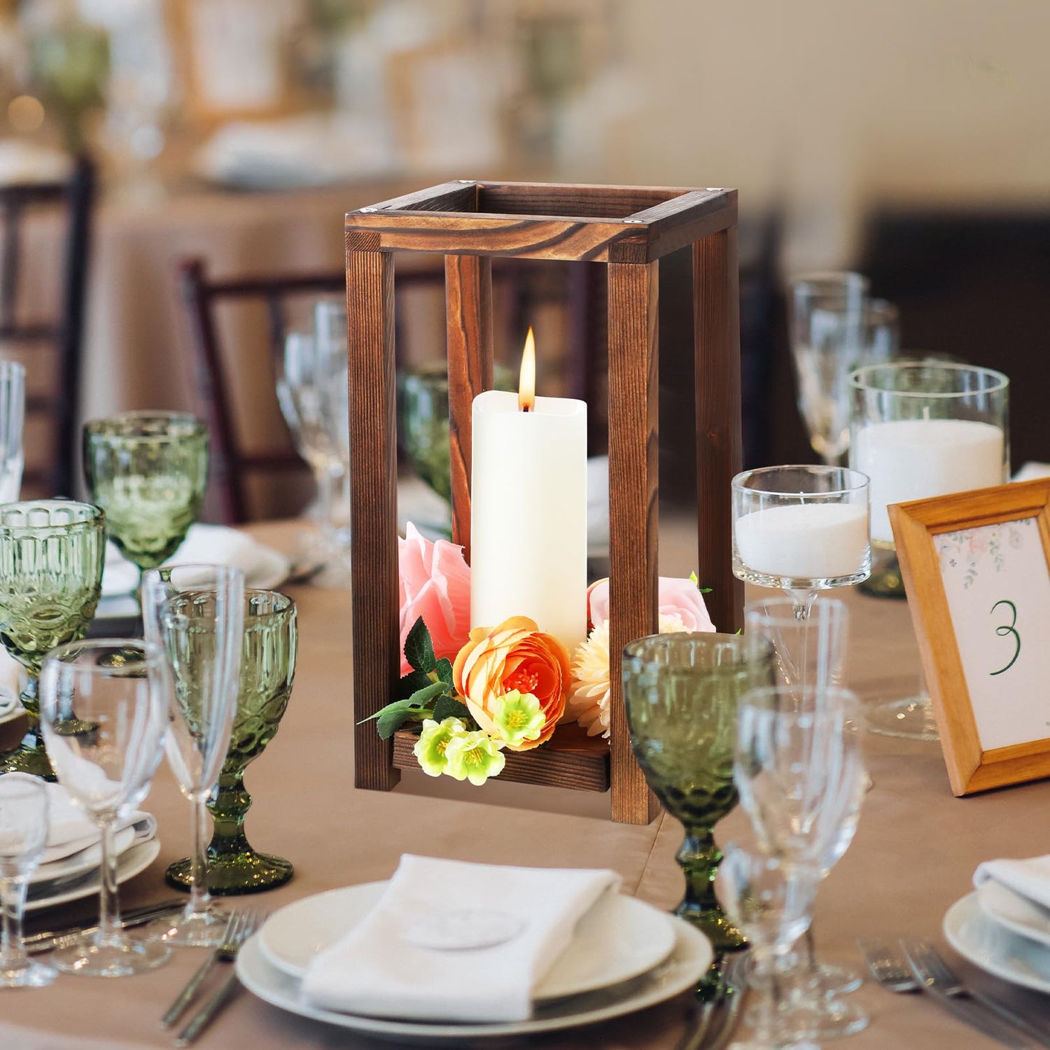 Geetery 4 Pcs Decorative Wedding Wood Lantern Candle Holders for Table Centerpiece Rustic Wooden Wedding Table Decoration Country Barn Farmhouse Geetery