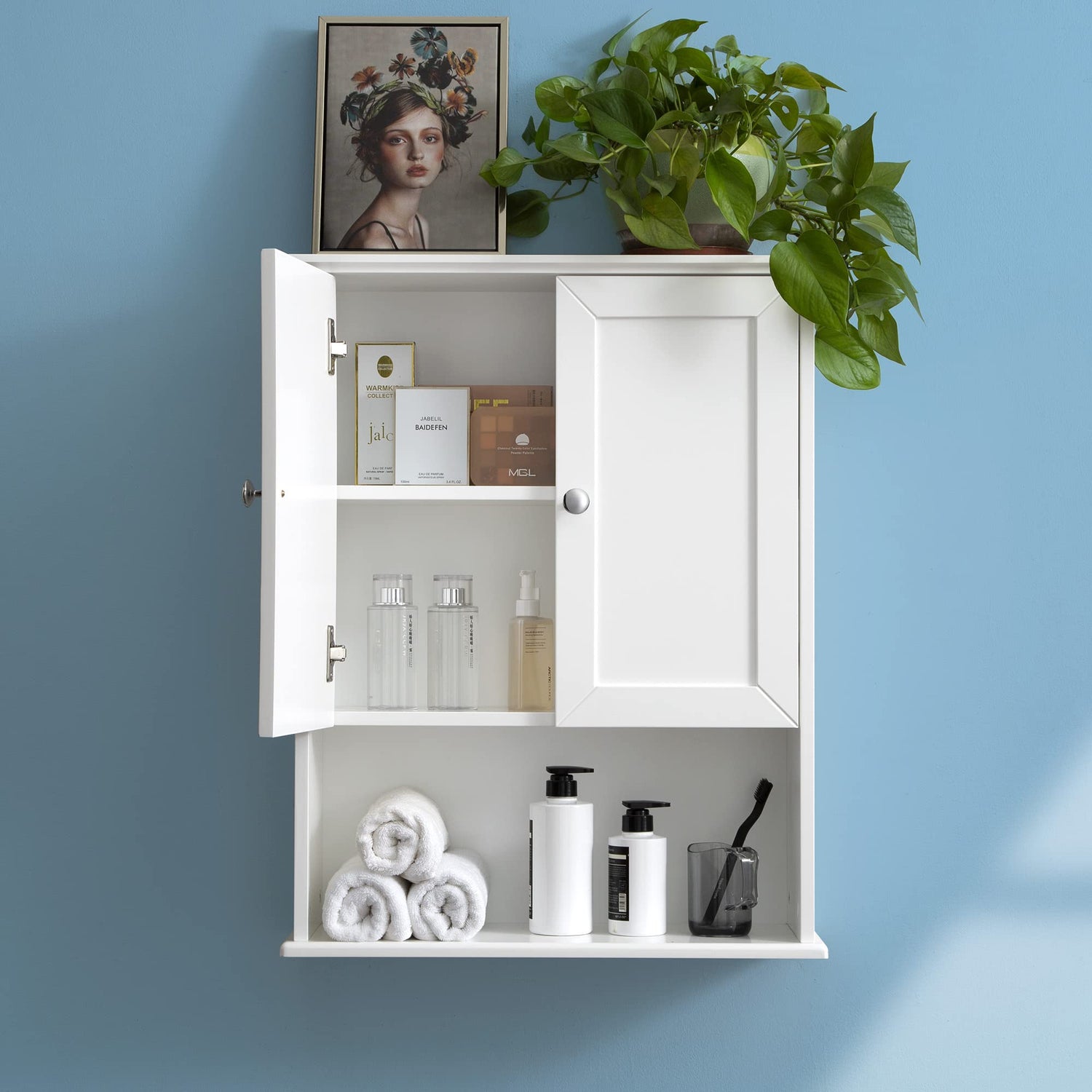 VANIRROR White Over-The-Toilet Storage Cabinet with Adjustable Shelves and Soft-Close Hinges VANIRROR