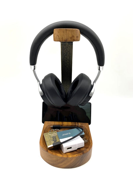 Wrightmart Wooden Headphone Stand, Universal Headset Holder, Desktop Earphone Hanger with Cell Phone Slot and Large Catch All Base, Made of Acacia WRIGHTMART